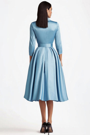 Bleu A Ligne évasée Fermeture boutonnée sur le devant Robe formelle mi-longue à manches longues